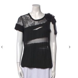 RED Valentino Black Lace & Sheer Mixed-Media Short Sleeve Top